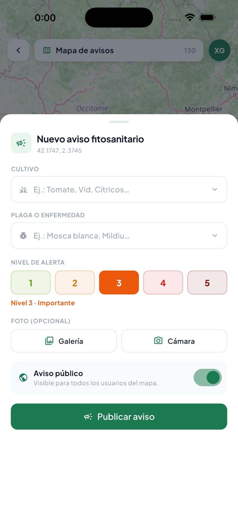 Pantalla de la app PlantCare X: Publica avisos fitosanitarios