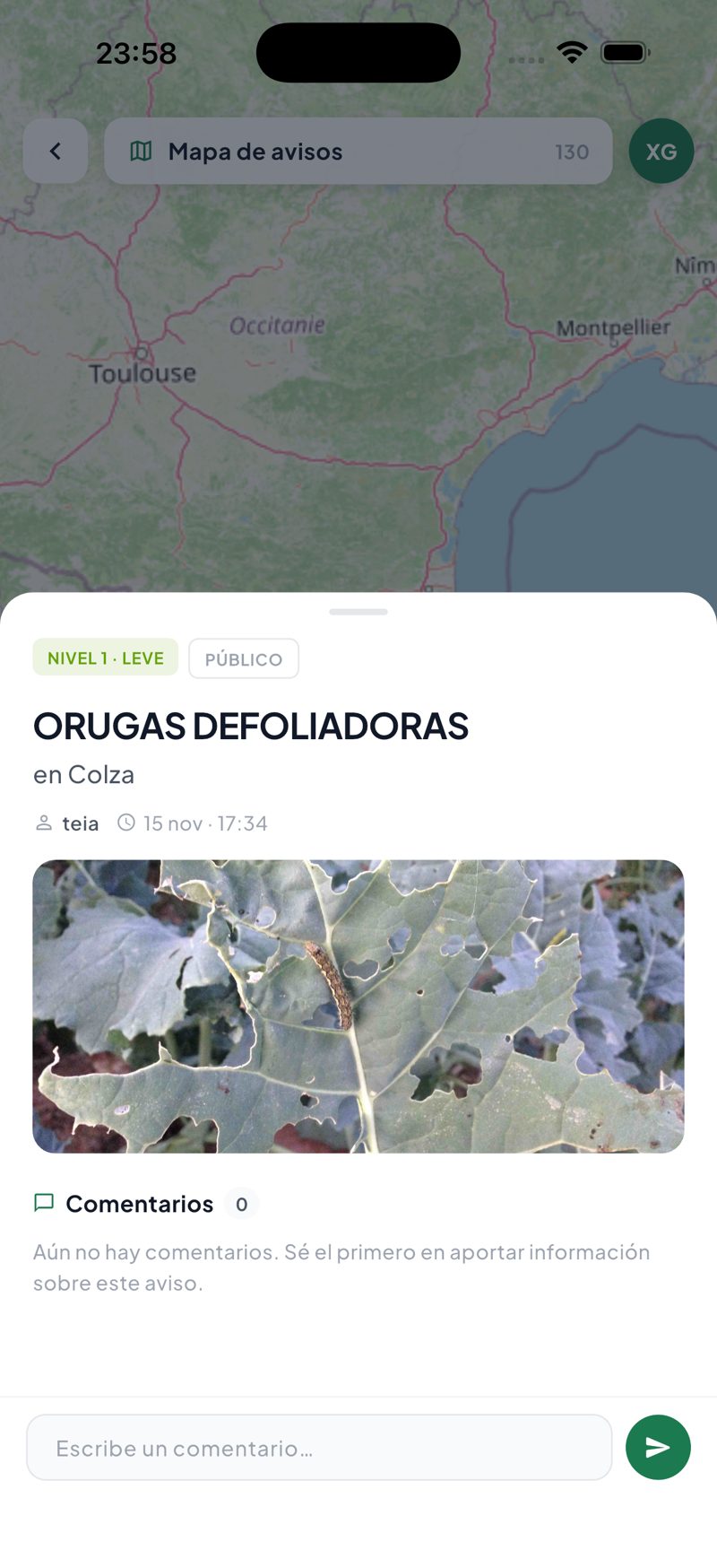 Pantalla de la app PlantCare X: Vista de aviso fitosanitario