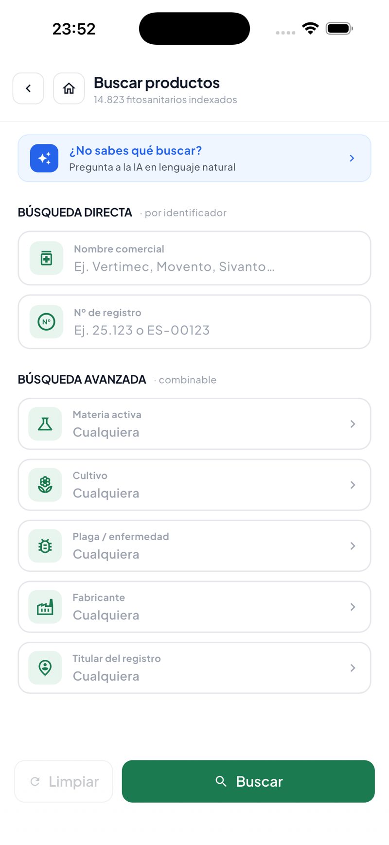 Pantalla de la app PlantCare X: Búsqueda avanzada