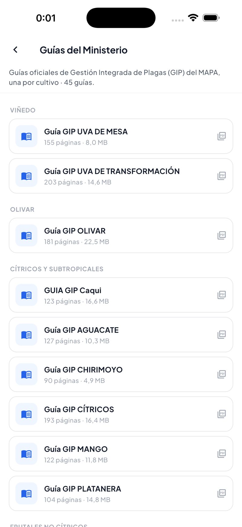 Pantalla de la app PlantCare X: Guías del Ministerio