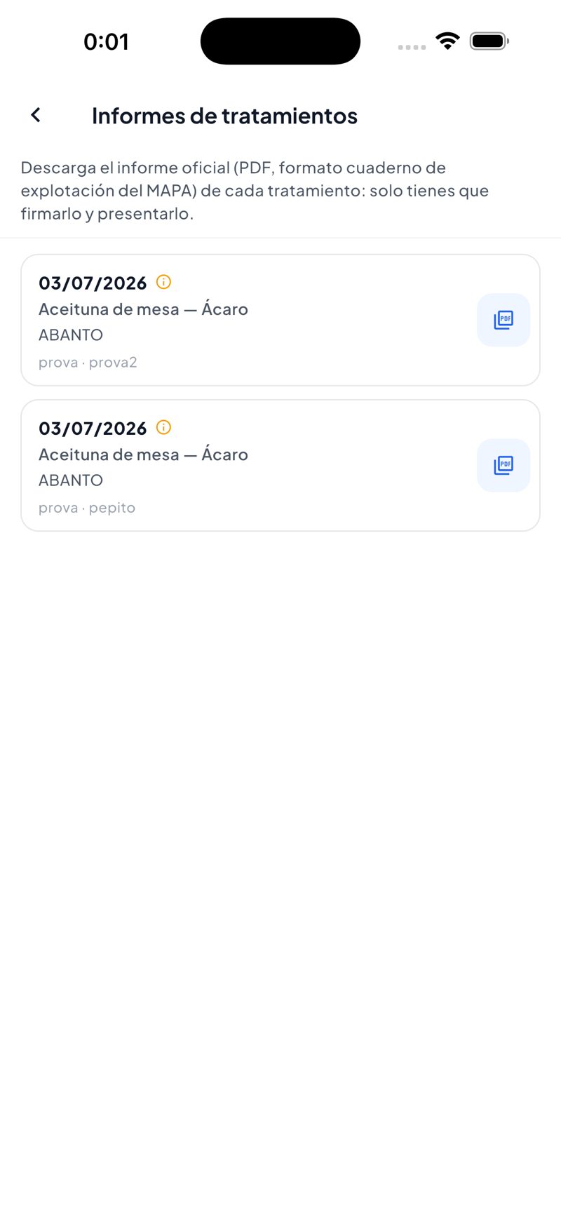 Pantalla de la app PlantCare X: Informes oficiales en PDF