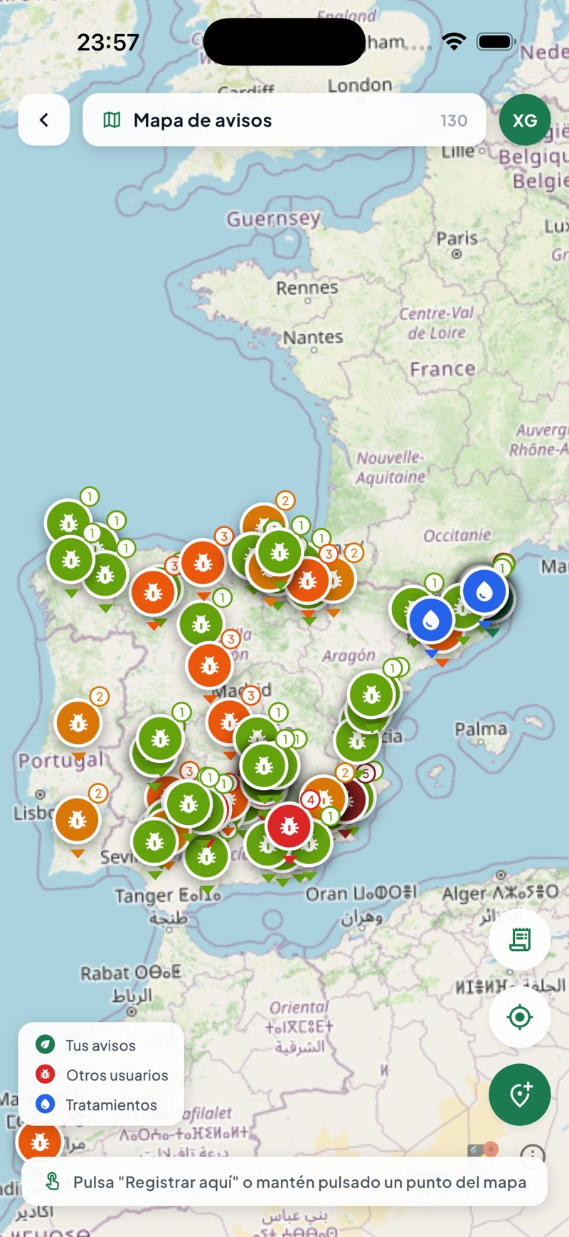 Pantalla de la app PlantCare X: Mapa de avisos de la comunidad