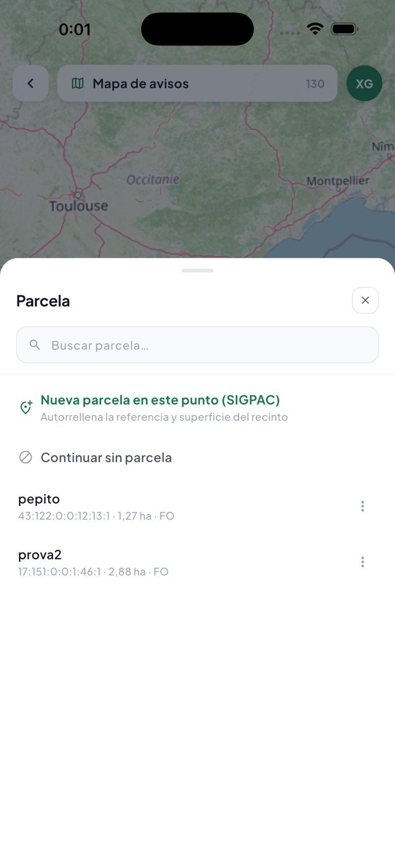 Pantalla de la app PlantCare X: Parcelas con SIGPAC