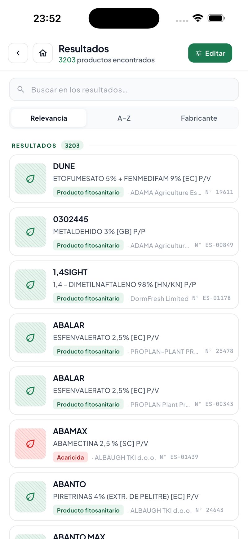 Pantalla de la app PlantCare X: Listado de productos