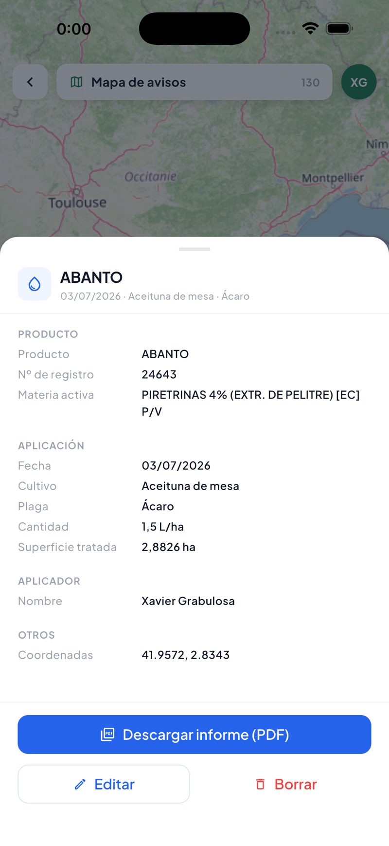 Pantalla de la app PlantCare X: Ficha del tratamiento + PDF