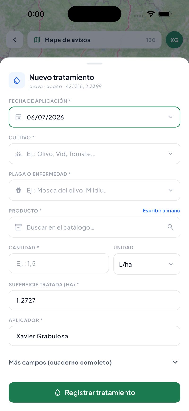 Pantalla de la app PlantCare X: Registro de tratamientos
